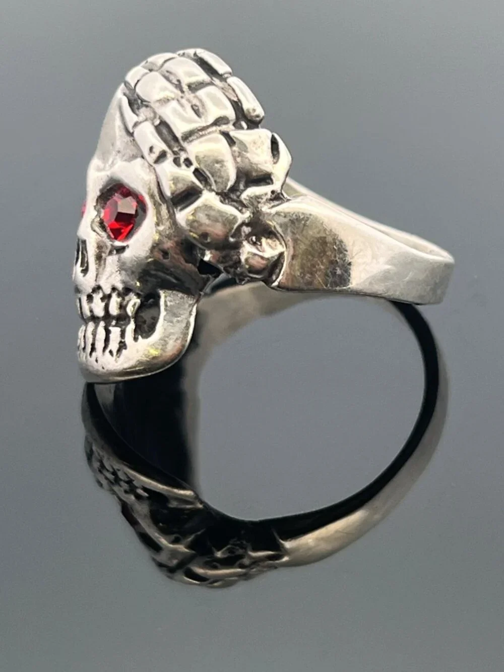 925 Silver Men's Gothic Skull Ring w/ Red Crystal Eyes & Skeleton Hands - Sz. 12